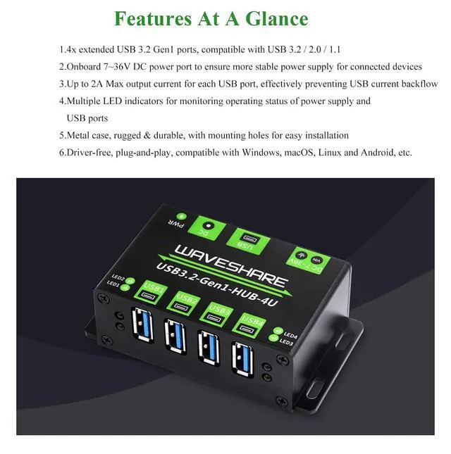 Alt view image 3 of 7 - 4-CH USB 3.2 Gen1 HUB, 4X Extended USB 3.2 Gen1 Ports, USB 3.2 Gen1 5Gbps Ultra-