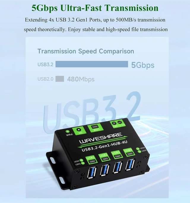 Alt view image 4 of 7 - 4-CH USB 3.2 Gen1 HUB, 4X Extended USB 3.2 Gen1 Ports, USB 3.2 Gen1 5Gbps Ultra-