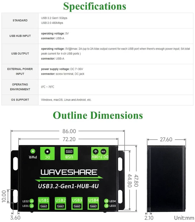 Alt view image 7 of 7 - 4-CH USB 3.2 Gen1 HUB, 4X Extended USB 3.2 Gen1 Ports, USB 3.2 Gen1 5Gbps Ultra-