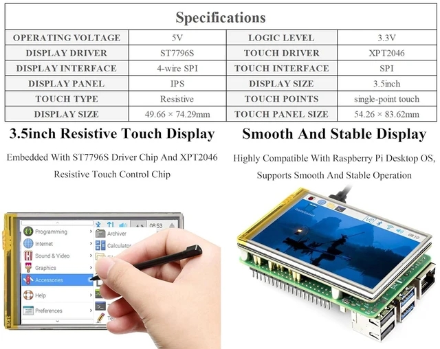 Alt view image 4 of 7 - 3.5inch Resistive Touch Display Compatible with Pi 5/4B/3B+/3B/Pico W/Pico 2W/ E