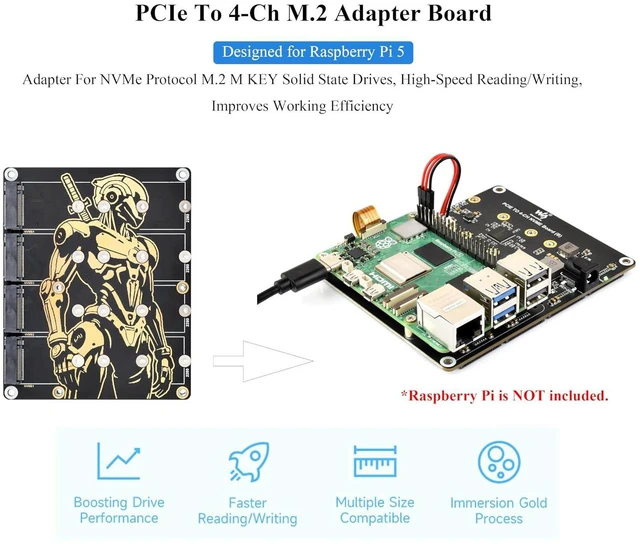 Alt view image 3 of 7 - PCIe to 4 Channel M.2 Adapter Board, Compatible with Raspberry Pi 5, for NVMe Pr