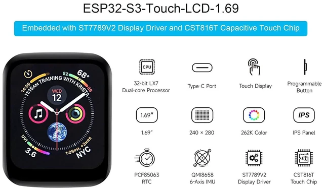 Alt view image 2 of 7 - ESP32-S3 1.69inch Touch Display Development Board, 240×280 Pixels 262K Color 1.6