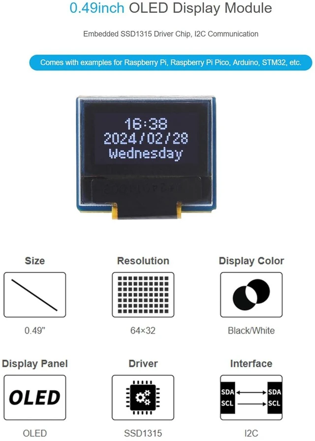 Alt view image 2 of 7 - 0.49inch OLED Display Module 64x32 Resolution I2C Communication Black/White Disp