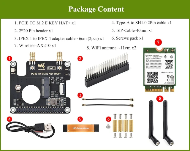 Alt view image 2 of 7 - Pi5 PCIe to M.2 E Key Adapter HAT Compatible with Raspberry Pi 5, Support 2230 S