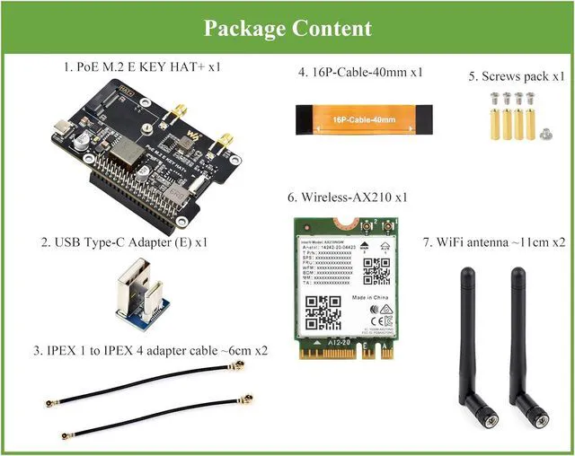 Alt view image 2 of 7 - Pi5 PCIe to M.2 E Key Adapter with PoE Function Compatible with Raspberry Pi 5,