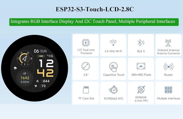 Alt view image 2 of 7 - ESP32-S3 2.8inch Capacitive Touch Round Display Development Board, 480×480 Resol