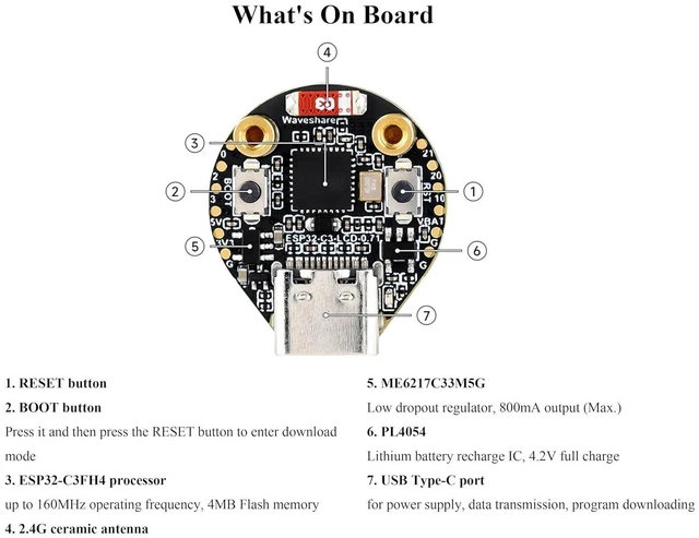 Alt view image 6 of 7 - ESP32-C3 0.71inch Round Display Development Board, 160×160 Resolution, GC9D01Dri