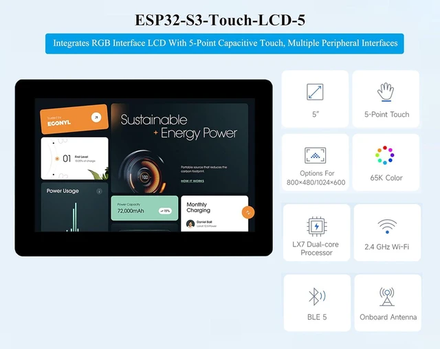 Alt view image 2 of 7 - ESP32-S3 5inch Capacitive Touch Display 800x480 Based on ESP32-S3 Microcontrolle