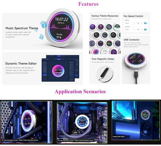 Alt view image 4 of 7 - 2.8inch USB Monitor 480×480 Pixel-Water Cooler Screen / PC Case Secondary Screen