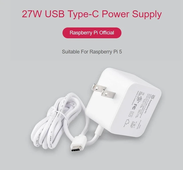 Alt view image 2 of 7 - Official Pi5 Power Supply, 27W USB Type-C Power Supply for Raspberry Pi 5, US Pl