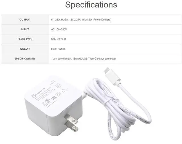 Alt view image 3 of 7 - Official Pi5 Power Supply, 27W USB Type-C Power Supply for Raspberry Pi 5, US Pl