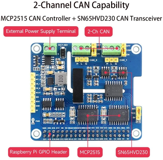 Alt view image 5 of 7 - 2-CH CAN HAT+ 2-Channel Isolated CAN Bus Expansion HAT for Raspberry Pi 5/4B/3B+