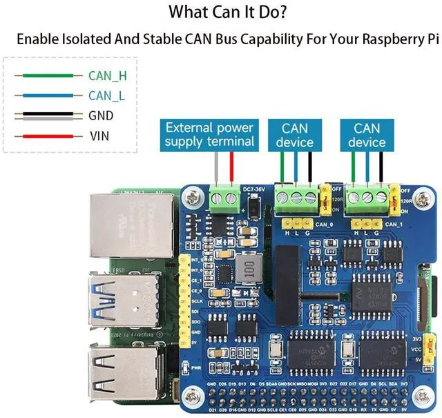 Alt view image 3 of 7 - 2-CH CAN HAT+ 2-Channel Isolated CAN Bus Expansion HAT for Raspberry Pi 5/4B/3B+