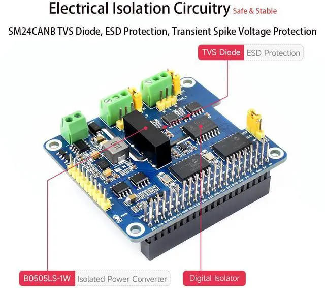 Alt view image 7 of 7 - 2-CH CAN HAT+ 2-Channel Isolated CAN Bus Expansion HAT for Raspberry Pi 5/4B/3B+