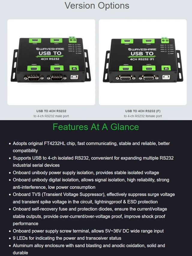 Alt view image 2 of 7 - Industrial Isolated USB to 4-Ch RS232 Converter USB to Serial Adapter with Origi