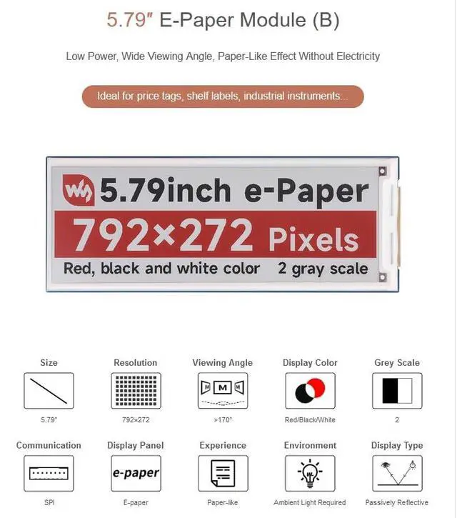 Alt view image 2 of 7 - 5.79inch e-Paper Display Module (B)with Driver Board E-ink Display 792x272 Pixel