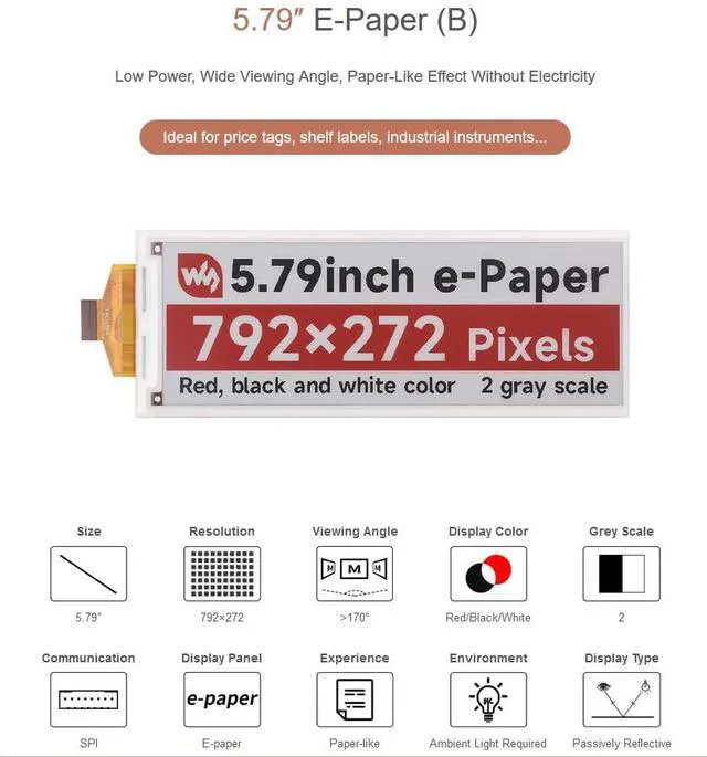 Alt view image 2 of 6 - 5.79inch e-Paper Raw Display Without Driver Board E-Ink Display 792x272 Pixel, R