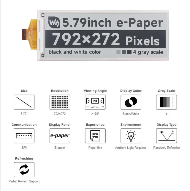 Alt view image 2 of 6 - 5.79inch E-Paper Raw Display Without Driver Board E-Ink Display 792x272 Pixels B