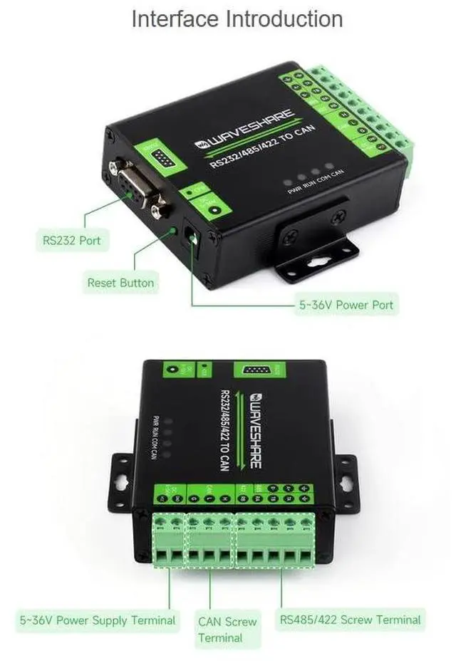 Alt view image 4 of 7 - Industrial Isolated RS232/485/422 to CAN Converter Adapter, Supports Modbus RTU