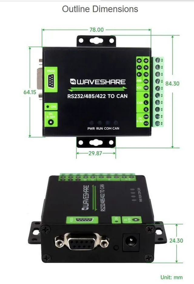 Alt view image 7 of 7 - Industrial Isolated RS232/485/422 to CAN Converter Adapter, Supports Modbus RTU