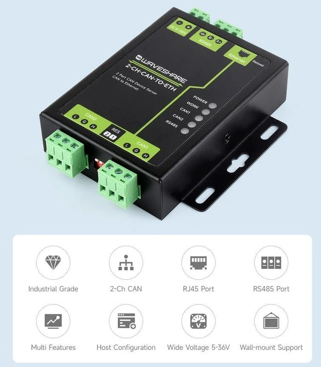 Alt view image 2 of 7 - Industrial Grade 2-Ch CAN to Ethernet Server, 2-Ch CAN + RS485 + Ethernet Port,