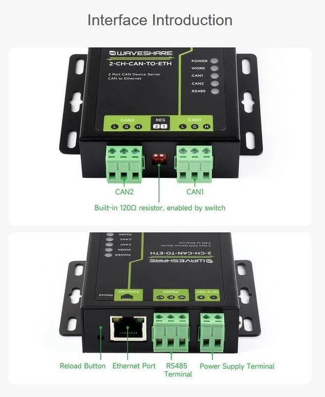 Alt view image 6 of 7 - Industrial Grade 2-Ch CAN to Ethernet Server, 2-Ch CAN + RS485 + Ethernet Port,