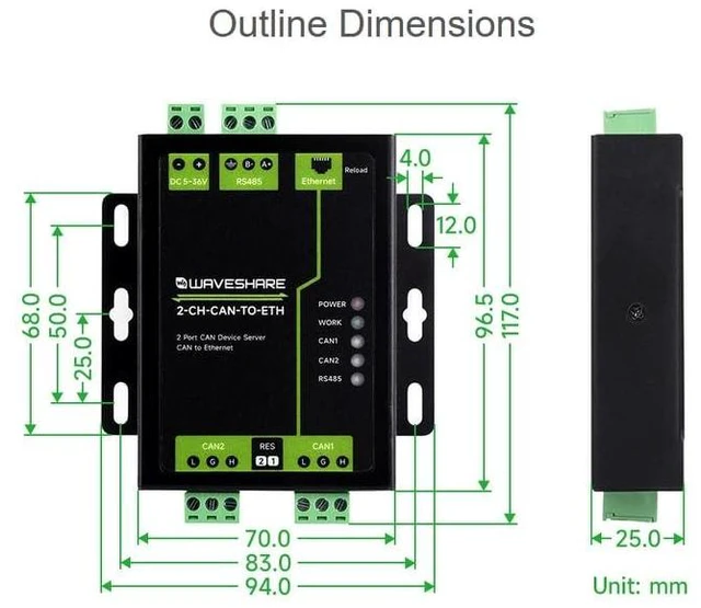 Alt view image 7 of 7 - Industrial Grade 2-Ch CAN to Ethernet Server, 2-Ch CAN + RS485 + Ethernet Port,