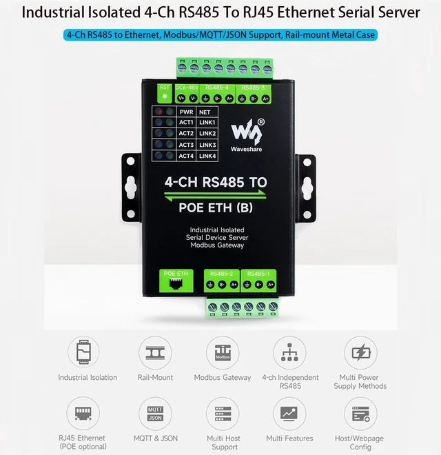Alt view image 2 of 7 - 4-Ch RS485 to RJ45 Ethernet Serial Server with PoE Function, 4 Channels RS485 In