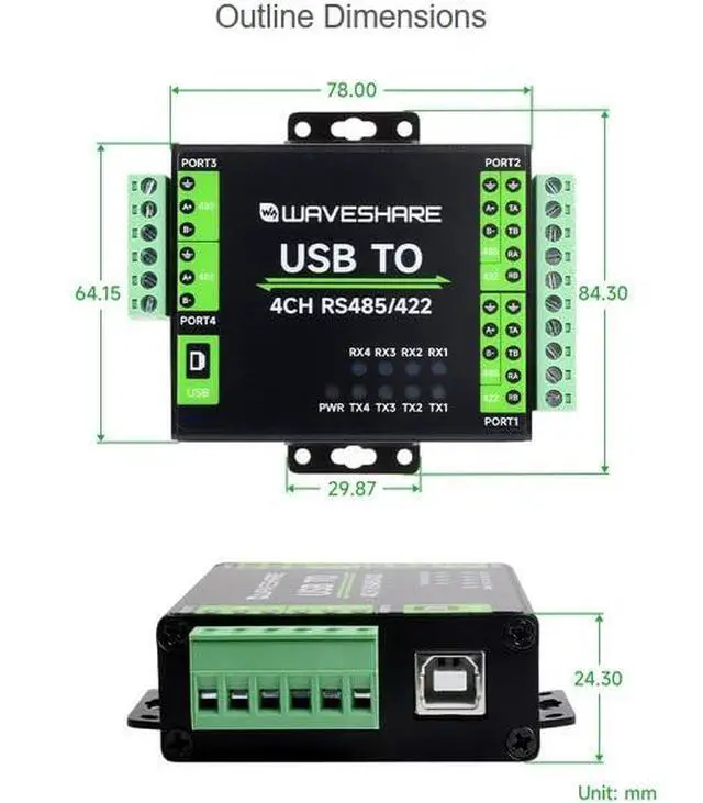 Alt view image 5 of 6 - Waveshare Isolated USB to 4-CH RS485/422 Converter with Original FT4232HL Chip,