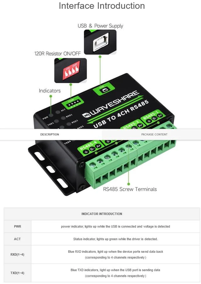 Alt view image 3 of 6 - Waveshare Industrial USB to 4CH RS485 Converter with Aluminium Alloy Case, Compa