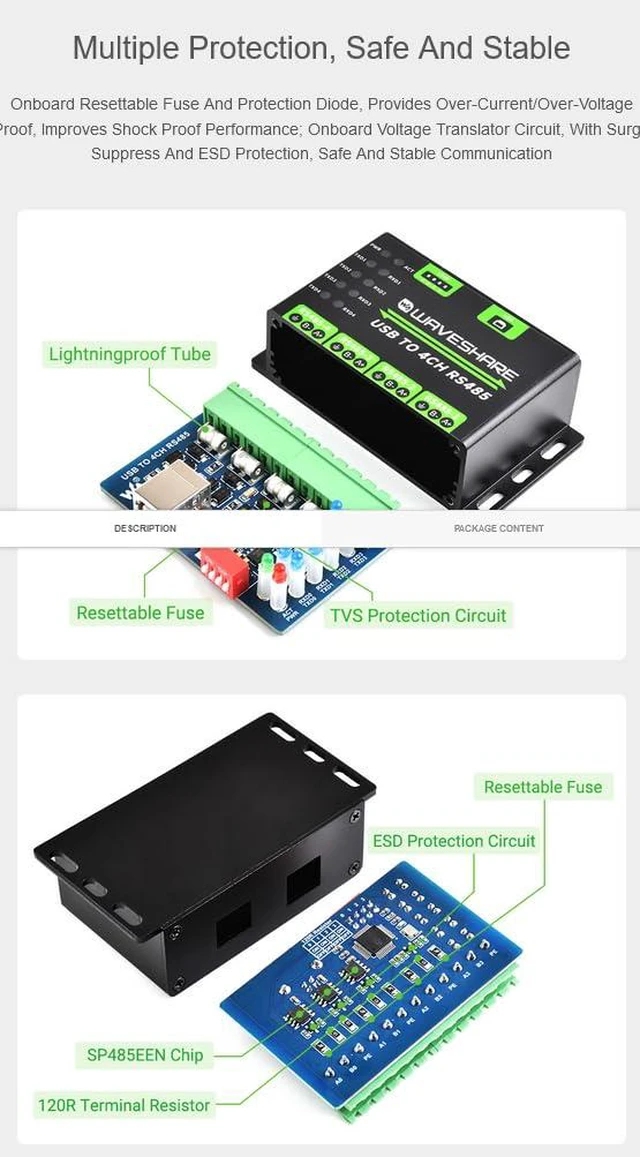 Alt view image 4 of 6 - Waveshare Industrial USB to 4CH RS485 Converter with Aluminium Alloy Case, Compa