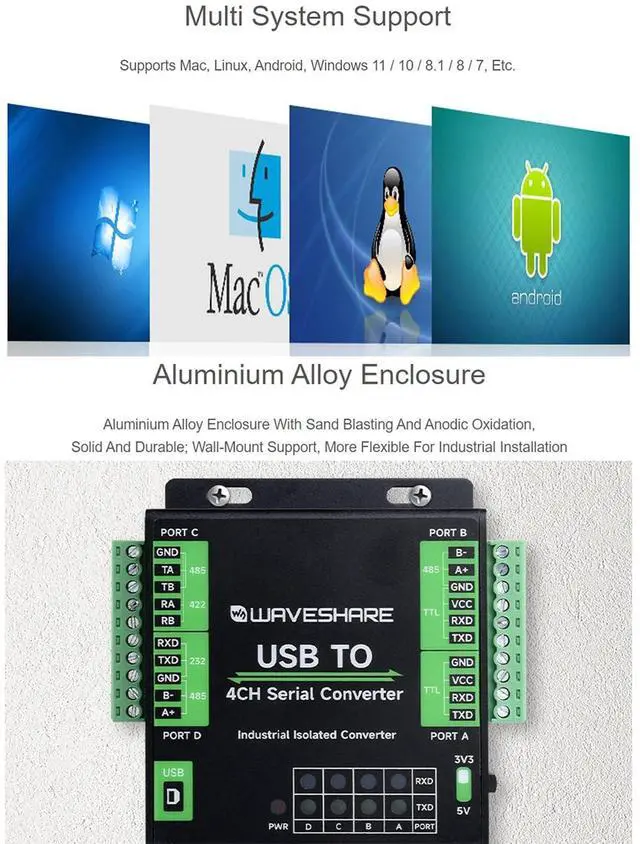 Alt view image 6 of 7 - USB to 4-Ch Serial Converter USB to RS232/RS485/RS422/TTL Adapter with Industria