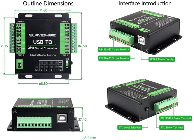 Alt view image 7 of 7 - USB to 4-Ch Serial Converter USB to RS232/RS485/RS422/TTL Adapter with Industria