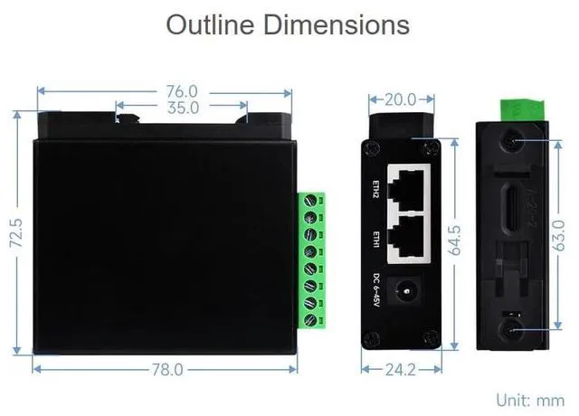 Alt view image 7 of 7 - Industrial Isolated RS232 RS485 to RJ45 Ethernet Serial Server with PoE, RS232 a