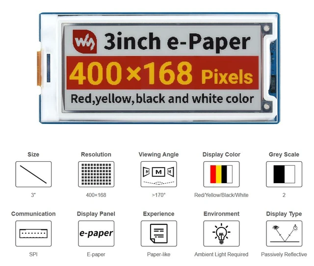 Alt view image 5 of 7 - 3inch E-Paper Module 400 × 168 Pixel Screen, Red/Yellow/Black/White Four Display