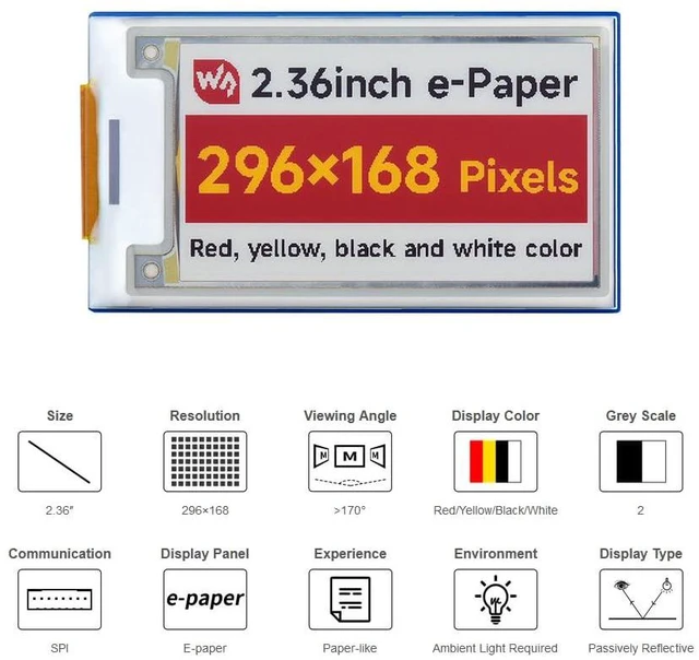 Alt view image 5 of 7 - 2.36inch E-Paper Module 296 x 168 Pixel Screen, Red/Yellow/Black/White Four Disp