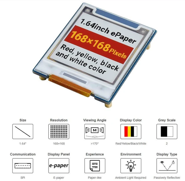 Alt view image 2 of 7 - 1.64inch E-Paper Module 168 x 168 Pixel E-Ink Display Square Screen, Red/Yellow/