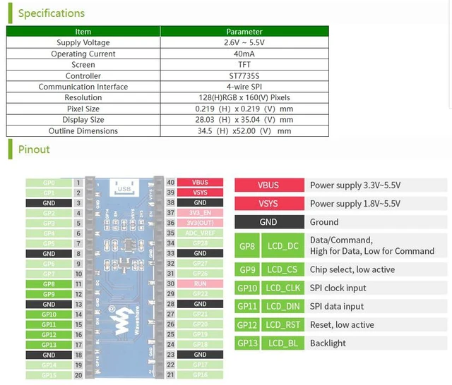 Alt view image 6 of 7 - 1.8inch LCD Display Module for Raspberry Pi Pico, 160×128 Resolution TFT Screen