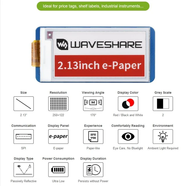 Alt view image 5 of 7 - for Raspberry Pi Pico, 2.13inch E-Paper Display Module (B), 212×104 Pixels E-Ink