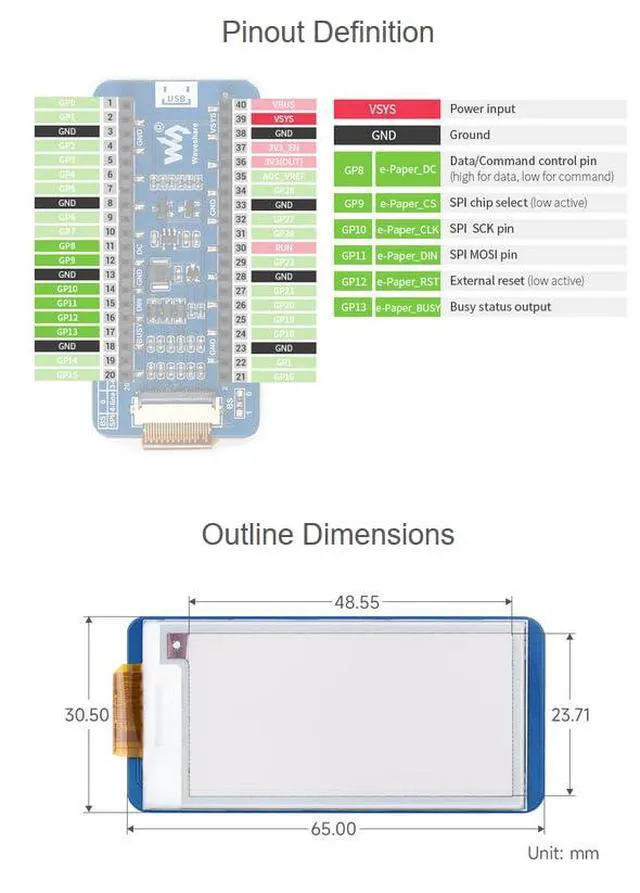Alt view image 7 of 7 - for Raspberry Pi Pico, 2.13inch E-Paper Display Module (B), 212×104 Pixels E-Ink