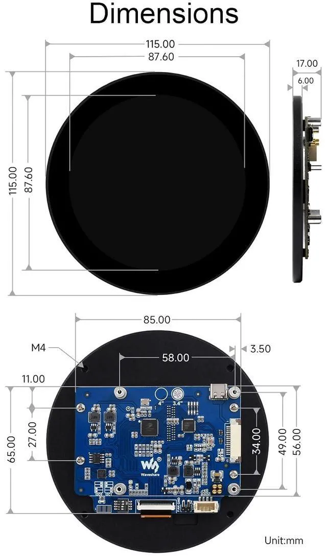 Alt view image 7 of 7 - 3.4inch DSI Round Touch Display, 800 x 800 IPS Screen, 170° Viewing Angle, for R