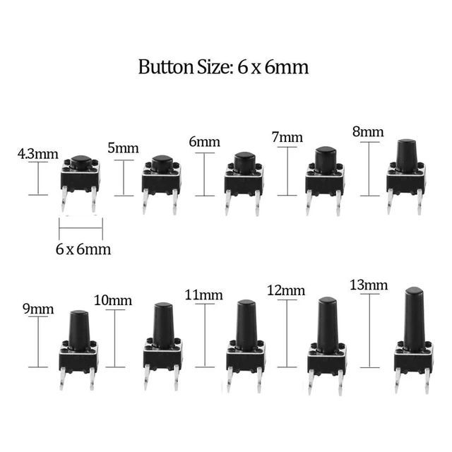 Alt view image 2 of 6 - 200pcs 6x6mm Tact Switch Tactile Push Button Switch Assortment Kit Height from 4