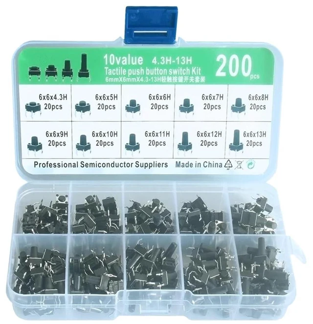 Main image of 200pcs 6x6mm Tact Switch Tactile Push Button Switch Assortment Kit Height from 4