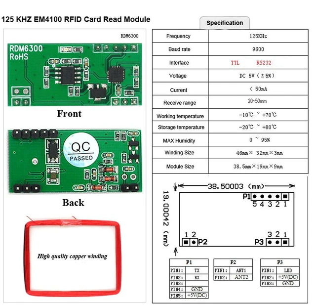 Alt view image 5 of 6 - RDM6300 125 KHZ EM4100 RFID Card Read Module UART Serial Output for Arduino