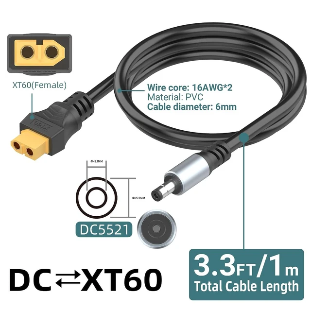 Alt view image 2 of 7 - 3.3FT DC5521 Male to XT60 Female Power Cord DC Connector to XT60 Adapter 5.5x2.1