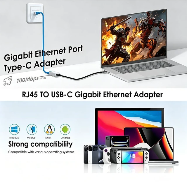 Alt view image 6 of 6 - USB C to RJ45 Ethernet Adapter, Gigabit 100Mbps Network LAN Converter, USB-C Fem