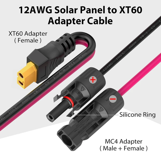 Alt view image 2 of 7 - (12AWG 6.6ft) Solar Panel to XT60 Charge Extension Cable, Solar Connector to XT6