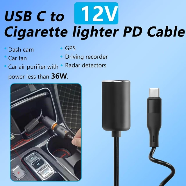 Alt view image 2 of 6 - PD 12V USB-C to Car Cigarette Lighter Adapter, 36W PD Fast Charger Cable for Das