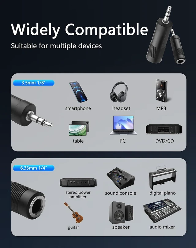 Alt view image 3 of 7 - 6.5mm to 3.5mm Adapter, 3.5 mm(1/8'') 3 Pole Plug Male to 6.35 mm (1/4'') Jack F