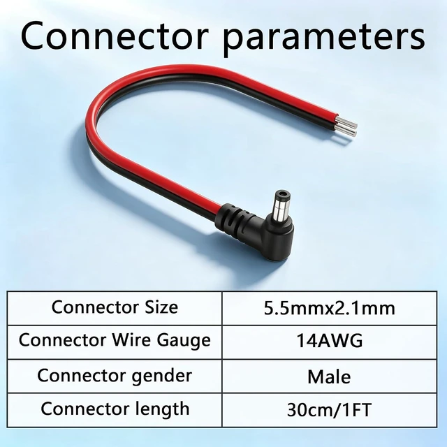 Alt view image 3 of 6 - 2PCS Right Angle DC5521 Power Pigtails Cable,1 FT 14AWG 5.5mm x 2.1mm DC Male Ba